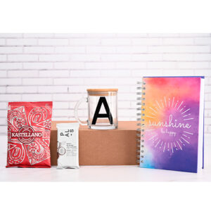 kit de regalo libreta taza cafe caja corrugada