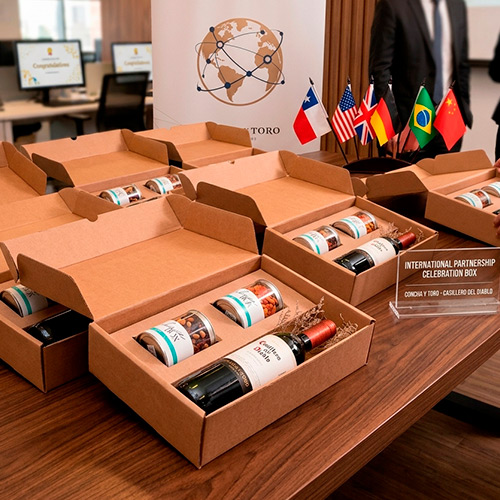 kit vino tinto casillero del diablo con snacks en caja de cartón corrugado con insertos