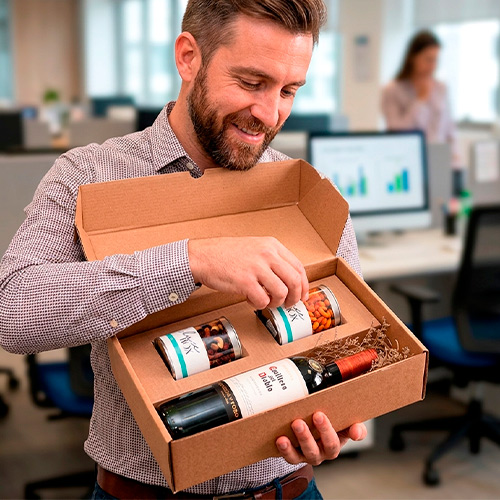 kit vino tinto casillero del diablo con snacks en caja de cartón corrugado con insertos