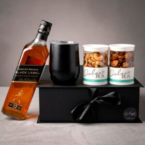 kit whisky vaso de acero y dos botes de snacks en caja Deluxe